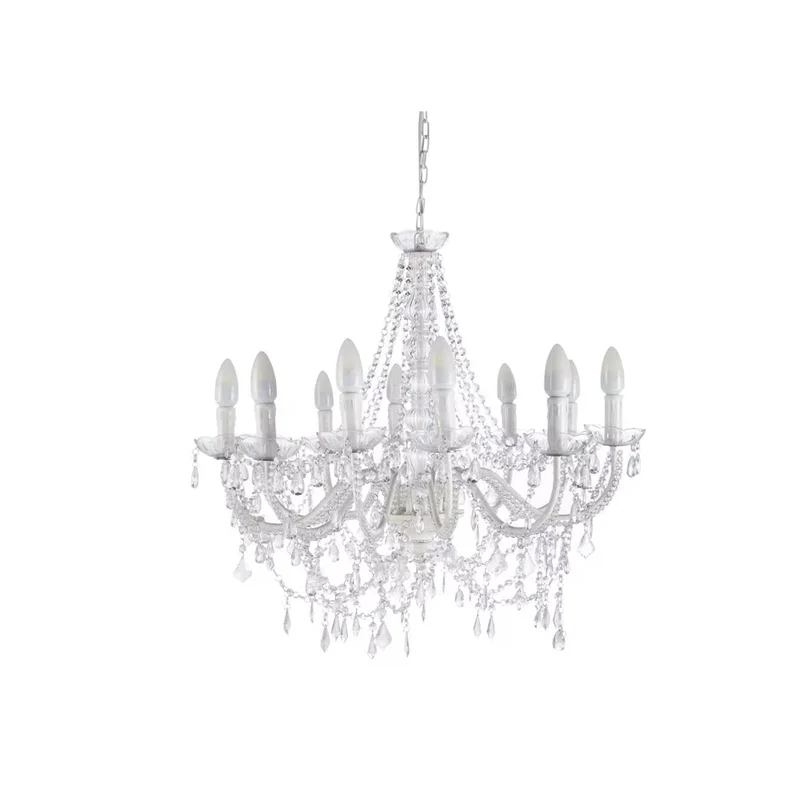 Lustre à pampilles en métal blanc 12 branches, en location chez Pink Event