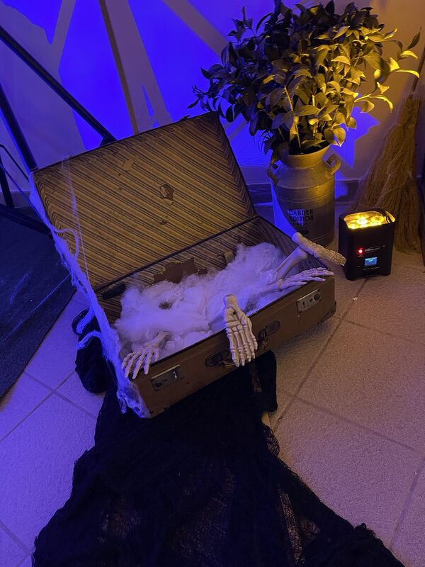 Valise vintage ouverte d’où dépassent des mains et des pieds de squelette dans de la toile d’araignée, pot de lait fleuri et spot sur batterie