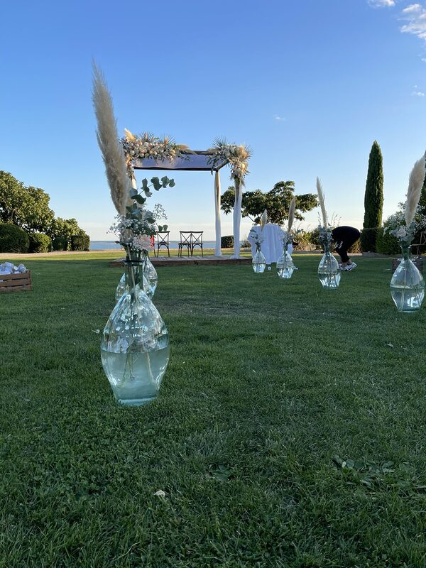 Allée bordée de vases en verre garnis de pampas, eucalyptus et gypsophile, houppa drapée de voilage blanc et fleurie de fleurs séchées