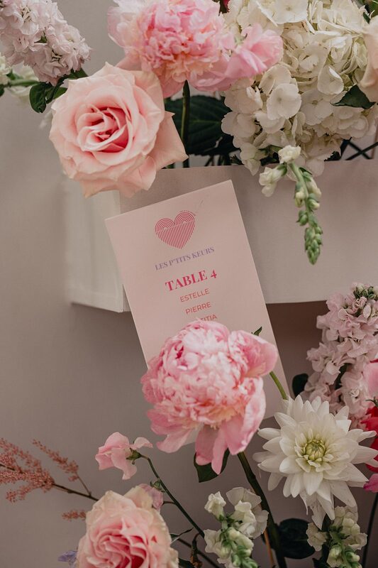 Détail du plan de table : carte de table rose piquée entre pivoines, roses et hortensias blancs