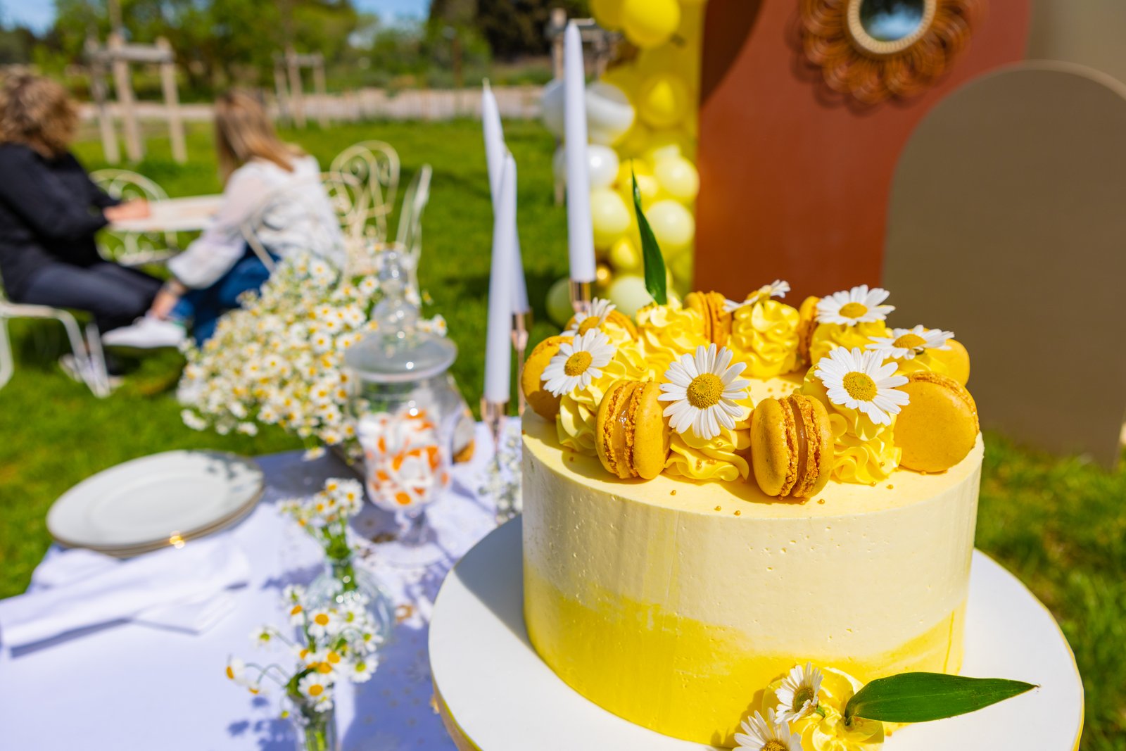 Gâteau jaune garni de marguerites et de macarons, petits vases de marguerites et bonbonnière sur une table dans l’herbe
