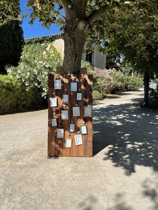 Plan de table sur un panneau en bois sous un arbre : cadres anciens dépareillés accrochés à des boutons de porte